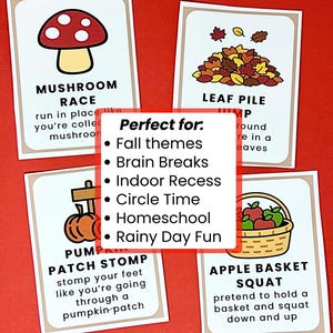 May include: Four cards with fall-themed illustrations and text on a red background. The cards include a mushroom, leaf pile, pumpkin, and apple basket. Text on the cards describes activities like a mushroom race and apple basket squat.