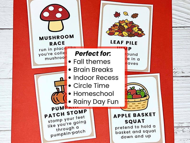 May include: Four cards with fall-themed illustrations and text on a red background. The cards include a mushroom, leaf pile, pumpkin, and apple basket. Text on the cards describes activities like a mushroom race and apple basket squat.