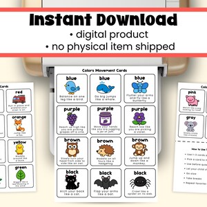 May include: Printable educational cards featuring colorful illustrations and instructions for movement activities. The cards are designed to teach colors and include images of a bird, whale, butterfly, and other animals. The text "Instant Download" is at the top.