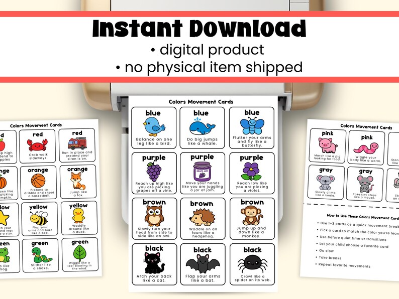 May include: Printable educational cards featuring colorful illustrations and instructions for movement activities. The cards are designed to teach colors and include images of a bird, whale, butterfly, and other animals. The text "Instant Download" is at the top.