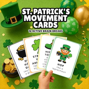 Könnte beinhalten: Ein Bild zum St. Patrick's Day mit einem grünen Zylinder, goldenen Luftballons und Karten. Die Karten zeigen Illustrationen und Text, darunter "St. Patrick's Movement Cards" und "16 Active Brain Breaks". Eine Karte zeigt einen Leprechaun und das Wort "HOP".