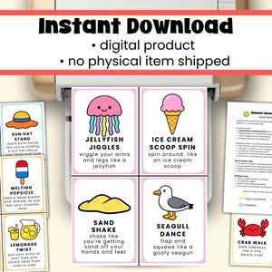 Może przedstawiać: Zestaw drukowanych kart ćwiczeń letnich z kolorowymi ilustracjami i instrukcjami. Karty zawierają ćwiczenia takie jak "Jellyfish Jiggles" i "Ice Cream Scoop Spin". Tekst "Instant Download" znajduje się na g&oacute;rze.