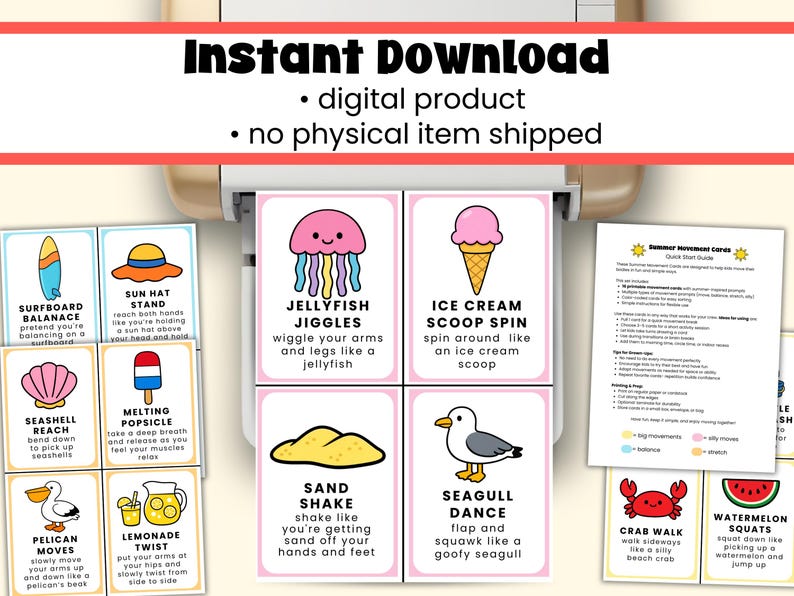Może przedstawiać: Zestaw drukowanych kart ćwiczeń letnich z kolorowymi ilustracjami i instrukcjami. Karty zawierają ćwiczenia takie jak "Jellyfish Jiggles" i "Ice Cream Scoop Spin". Tekst "Instant Download" znajduje się na g&oacute;rze.