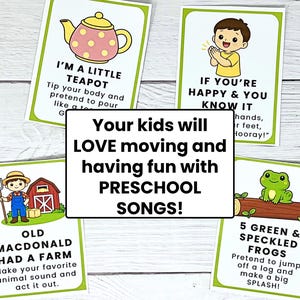 K&ouml;nnte beinhalten: Vier Karten mit Illustrationen und Text f&uuml;r Kindergartensongs. Die Karten zeigen eine Teekanne, ein klatschendes Kind, einen Bauern und Fr&ouml;sche. Der zentrale Text lautet: "Ihre Kinder werden es LIEBEN, sich zu bewegen und Spa&szlig; mit KINDERGARTENLIEDERN zu haben!"