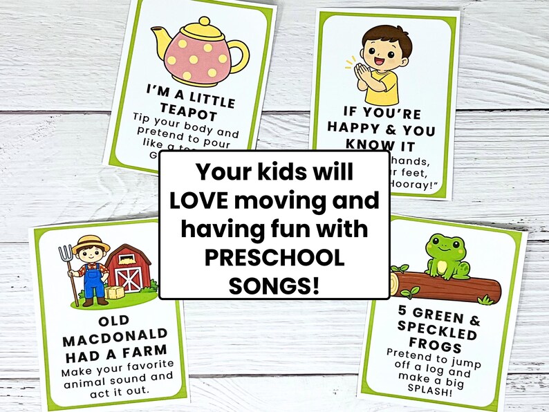 K&ouml;nnte beinhalten: Vier Karten mit Illustrationen und Text f&uuml;r Kindergartensongs. Die Karten zeigen eine Teekanne, ein klatschendes Kind, einen Bauern und Fr&ouml;sche. Der zentrale Text lautet: "Ihre Kinder werden es LIEBEN, sich zu bewegen und Spa&szlig; mit KINDERGARTENLIEDERN zu haben!"