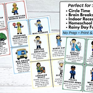 Op de afbeelding: Een set kleurrijke flashcards met illustraties van verschillende beroepen en hun acties. Elke kaart bevat een illustratie en instructies voor activiteiten zoals brandweerklimmen, oversteekwachthouding en monteur wiebelen. De tekst "No Prep &bull; Print & Go" is ook zichtbaar.