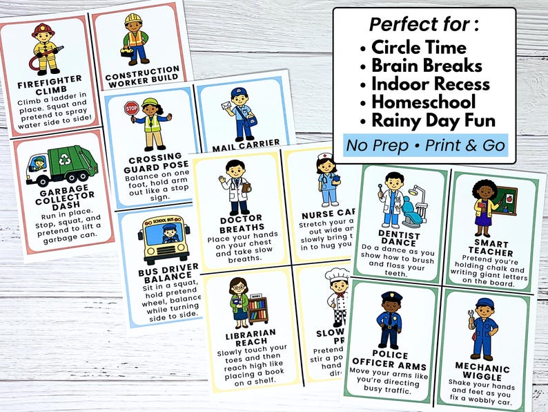 Op de afbeelding: Een set kleurrijke flashcards met illustraties van verschillende beroepen en hun acties. Elke kaart bevat een illustratie en instructies voor activiteiten zoals brandweerklimmen, oversteekwachthouding en monteur wiebelen. De tekst "No Prep &bull; Print & Go" is ook zichtbaar.