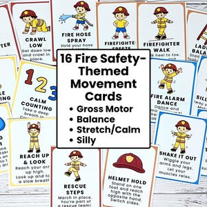 May include: A set of 16 fire safety-themed movement cards. Each card features a cartoon firefighter demonstrating an action, such as "Firefighter Run" or "Crawl Low." The cards are designed for gross motor skills, balance, stretching, and calming activities.