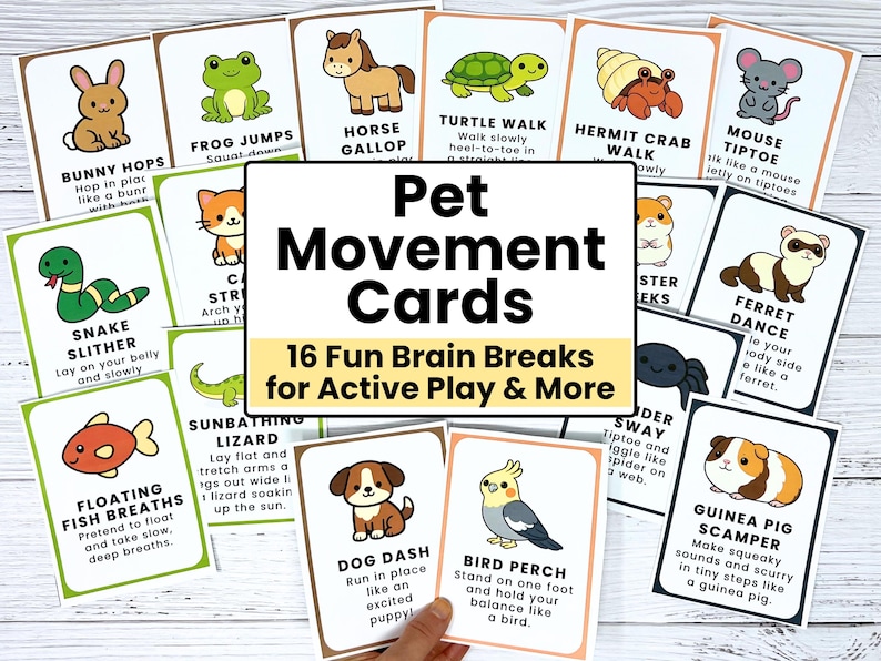 May include: A collection of colorful Pet Movement Cards with animal illustrations and exercise instructions. The cards feature a variety of animals, including a bunny, frog, horse, turtle, and dog. The text on the cards reads "Pet Movement Cards" and "16 Fun Brain Breaks for Active Play & More."