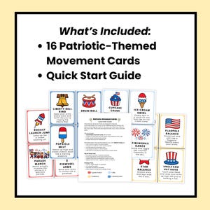 May include: A set of 16 patriotic-themed movement cards and a quick start guide. The cards feature illustrations and instructions for various exercises, including Rocket Launch Jump, Liberty Bell Ring, and Drum Roll. The cards are designed with red, white, and blue colors.