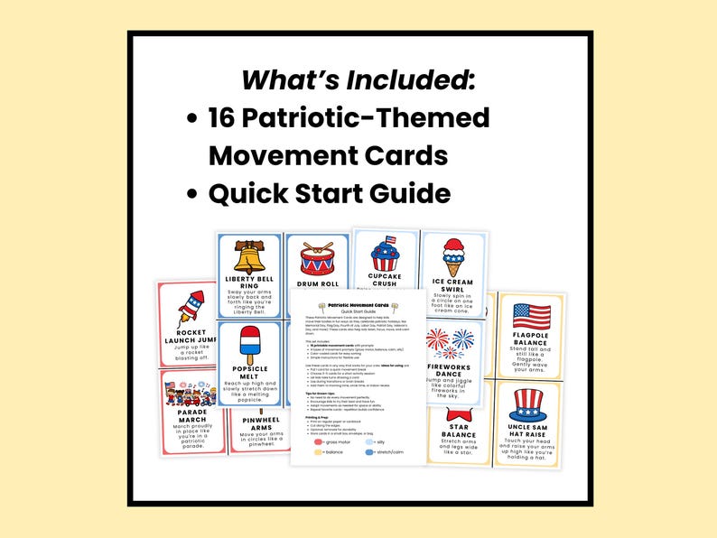 May include: A set of 16 patriotic-themed movement cards and a quick start guide. The cards feature illustrations and instructions for various exercises, including Rocket Launch Jump, Liberty Bell Ring, and Drum Roll. The cards are designed with red, white, and blue colors.