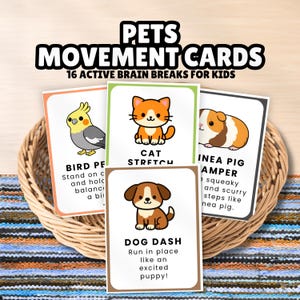 Pet Movement Cards for Kids Printable | Active Brain Breaks, Gross Motor Activity, Indoor Recess, Homeschool PE