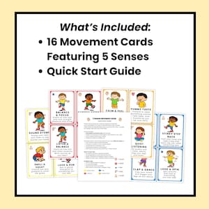 Puede incluir: Un conjunto de 16 tarjetas de movimiento con 5 sentidos, con una gu&iacute;a de inicio r&aacute;pido. Las tarjetas presentan ilustraciones coloridas de ni&ntilde;os realizando diversas acciones, como equilibrarse, pisar y aplaudir. El texto en las tarjetas incluye instrucciones y avisos.