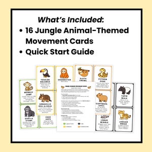 May include: A set of 16 jungle animal-themed movement cards and a quick start guide. Each card features a different animal, such as a toucan, orangutan, and jaguar, with instructions for movement activities. The cards are designed for children.