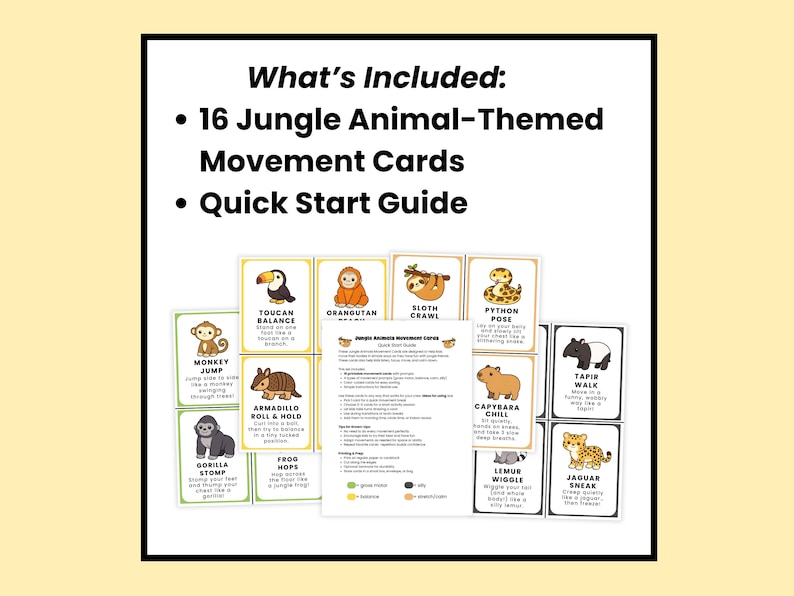 May include: A set of 16 jungle animal-themed movement cards and a quick start guide. Each card features a different animal, such as a toucan, orangutan, and jaguar, with instructions for movement activities. The cards are designed for children.