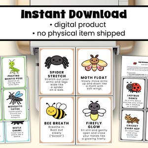 Pu&ograve; includere: Un set di carte di movimento stampabili a tema insetti. Ogni carta presenta un insetto diverso, come un ragno, una falena o una coccinella, insieme alle istruzioni per un movimento corrispondente. Le carte sono per bambini.