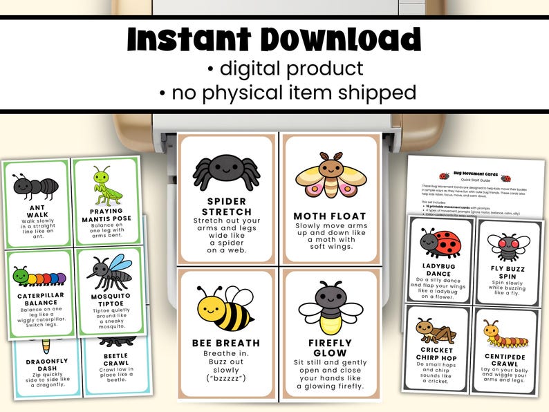 Pu&ograve; includere: Un set di carte di movimento stampabili a tema insetti. Ogni carta presenta un insetto diverso, come un ragno, una falena o una coccinella, insieme alle istruzioni per un movimento corrispondente. Le carte sono per bambini.