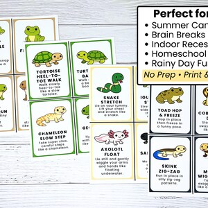 May include: A set of colorful animal-themed exercise cards. Each card features a different animal, such as a crocodile, snake, or toad, with instructions for a corresponding movement. The cards are designed for summer camp, brain breaks, and indoor recess.