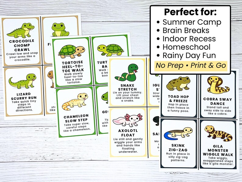 May include: A set of colorful animal-themed exercise cards. Each card features a different animal, such as a crocodile, snake, or toad, with instructions for a corresponding movement. The cards are designed for summer camp, brain breaks, and indoor recess.