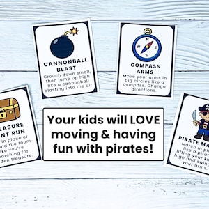 Op de afbeelding: Vier ge&iuml;llustreerde kaarten met instructies over piratenthema's voor kinderen. De kaarten bevatten een schatkist, een kompas, een kanonskogel en een piraat. Tekst op een witte rechthoek luidt: "Uw kinderen zullen het GEWELDIG vinden om te bewegen en plezier te hebben met piraten!"