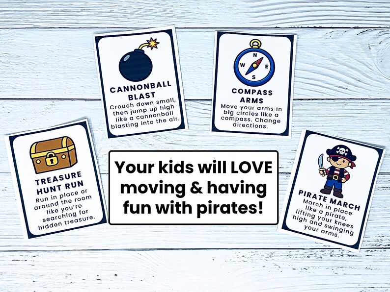 Op de afbeelding: Vier ge&iuml;llustreerde kaarten met instructies over piratenthema's voor kinderen. De kaarten bevatten een schatkist, een kompas, een kanonskogel en een piraat. Tekst op een witte rechthoek luidt: "Uw kinderen zullen het GEWELDIG vinden om te bewegen en plezier te hebben met piraten!"