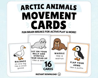 Arktische Tiere Bewegungskarten für Kinder | Indoor Gehirnpausen und Grobmotorik | Druckbares Spiel