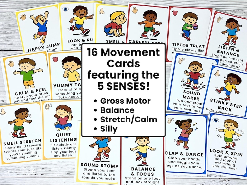 Tarjetas de movimiento de los 5 sentidos para niños / Pausas cerebrales, actividades de motricidad gruesa, juego sensorial imagen 2