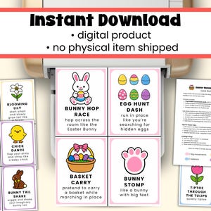 May include: A collection of printable Easter-themed movement cards. Each card features a playful illustration and instructions for activities like the Bunny Hop Race and Egg Hunt Dash. The cards are designed for children.