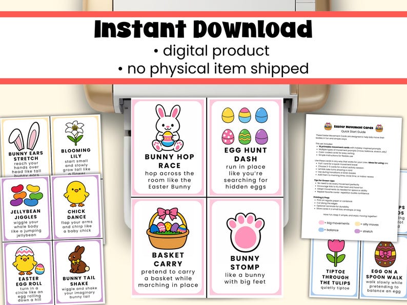 May include: A collection of printable Easter-themed movement cards. Each card features a playful illustration and instructions for activities like the Bunny Hop Race and Egg Hunt Dash. The cards are designed for children.