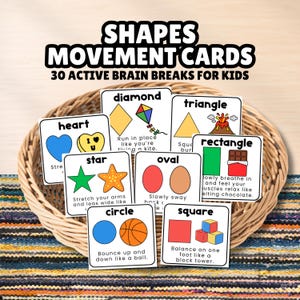 Könnte beinhalten: Ein Set rechteckiger Bewegungskarten mit der Aufschrift SHAPES MOVEMENT CARDS 30 ACTIVE BRAIN BREAKS FOR KIDS. Jede Karte zeigt einen Formnamen, eine farbige Illustration und Bewegungsanweisungen. Die Karten liegen in einem Weidenkorb.