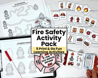 Fire Safety Activity Pack for Kids | Printable Memory Game, Cootie Catcher, Safety Badge, Activities Booklet