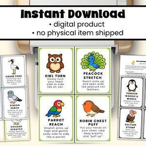 May include: A set of printable bird movement cards with colourful illustrations and instructions. The cards feature various bird-inspired exercises like Flamingo Stand, Crane Pose, and Parrot Reach. The text "Instant Download" is at the top.