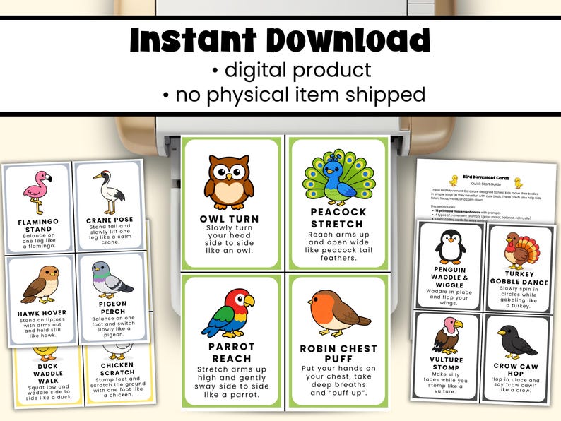 May include: A set of printable bird movement cards with colourful illustrations and instructions. The cards feature various bird-inspired exercises like Flamingo Stand, Crane Pose, and Parrot Reach. The text "Instant Download" is at the top.