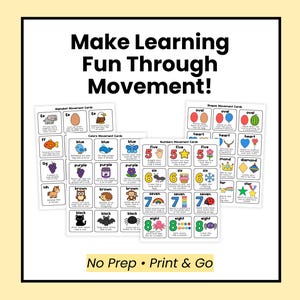 Tarjetas de movimiento para el aprendizaje temprano de los niños / Actividades para pausas activas / Alfabeto, números, colores y formas para preescolares / Juegos de aprendizaje para niños pequeños imagen 6