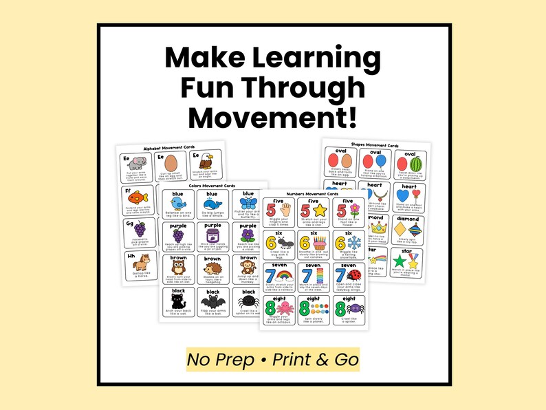 Tarjetas de movimiento para el aprendizaje temprano de los niños / Actividades para pausas activas / Alfabeto, números, colores y formas para preescolares / Juegos de aprendizaje para niños pequeños imagen 6