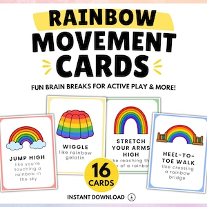May include: A pack of 16 Rainbow Movement Cards, featuring colourful illustrations and text prompts for active play. The cards have a rainbow theme with phrases such as "Jump High" and "Heel-to-Toe Walk". The words "Rainbow Movement Cards" are at the top.