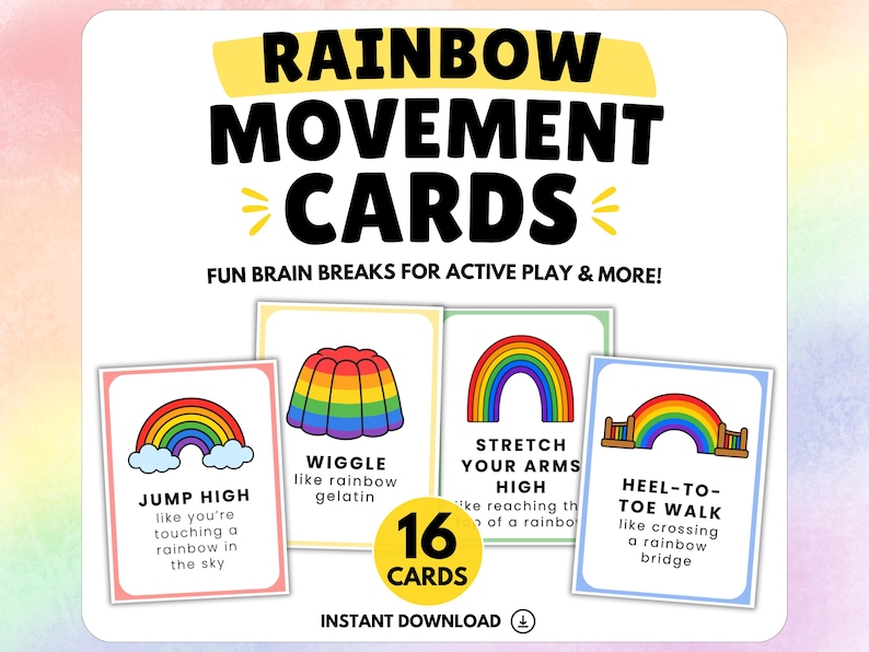 May include: A pack of 16 Rainbow Movement Cards, featuring colourful illustrations and text prompts for active play. The cards have a rainbow theme with phrases such as "Jump High" and "Heel-to-Toe Walk". The words "Rainbow Movement Cards" are at the top.