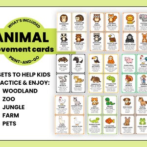 May include: A set of animal movement cards with illustrations and text. The cards are organized into five sets: Woodland, Zoo, Jungle, Farm, and Pets. The cards feature various animals and their corresponding movements.