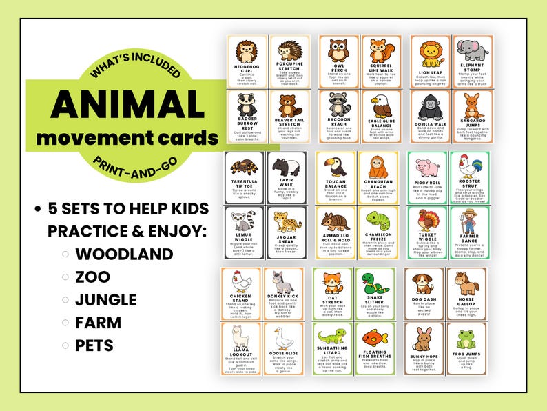 May include: A set of animal movement cards with illustrations and text. The cards are organized into five sets: Woodland, Zoo, Jungle, Farm, and Pets. The cards feature various animals and their corresponding movements.