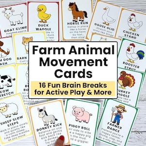 May include: A collection of colorful flashcards featuring farm animal illustrations and movement instructions. The cards include text such as "Goat Climb," "Duck Waddle," and "Farmer Dance," designed for active play and brain breaks.