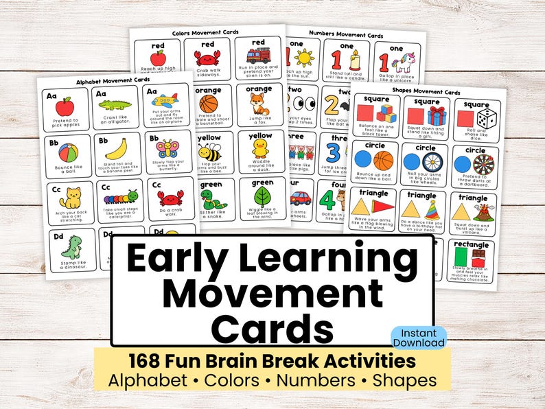 Puede incluir: Juego de tarjetas de movimiento educativo para el aprendizaje temprano. Las tarjetas blancas presentan ilustraciones y texto coloridos, incluyendo alfabeto, colores, n&uacute;meros y formas. Dise&ntilde;ado para 168 actividades divertidas.