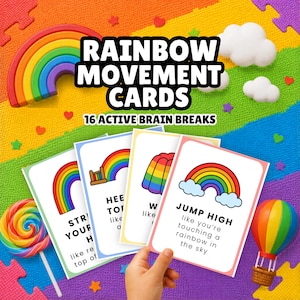 May include: A vibrant image showcasing "RAINBOW MOVEMENT CARDS" with "16 ACTIVE BRAIN BREAKS" text. The cards display rainbow designs and phrases such as "JUMP HIGH". A hand holds some cards. Other elements include a rainbow, clouds, a lollipop, and a hot air balloon.