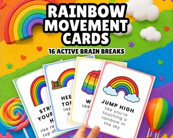 Rainbow Movement Cards for Kids | Printable Brain Break & Gross Motor Activity | Rainbow Theme