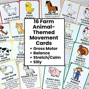 Peut inclure: Un ensemble de 16 cartes de mouvements sur le th&egrave;me des animaux de la ferme. Chaque carte pr&eacute;sente une illustration d'animal et une instruction de mouvement, comme "Goat Climb" ou "Duck Waddle". Les cartes sont con&ccedil;ues pour les activit&eacute;s motrices globales, l'&eacute;quilibre, l'&eacute;tirement et le plaisir.