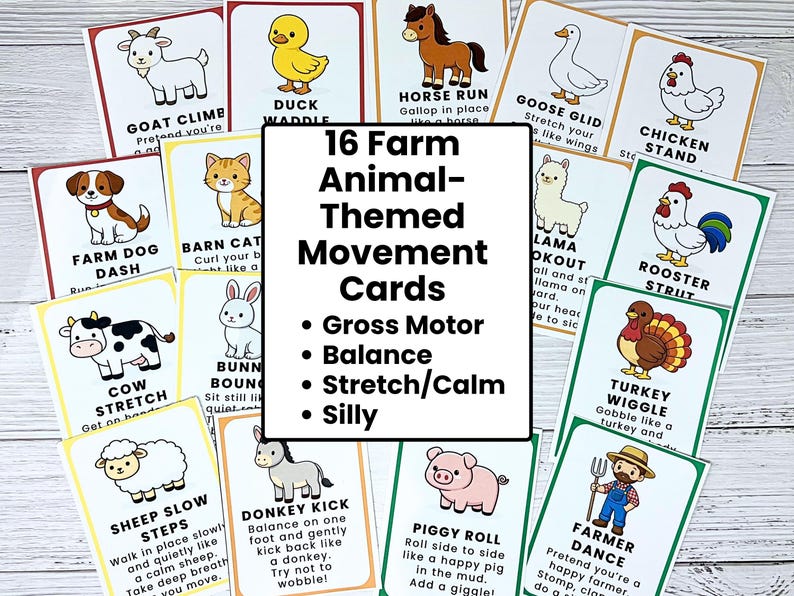 Peut inclure: Un ensemble de 16 cartes de mouvements sur le th&egrave;me des animaux de la ferme. Chaque carte pr&eacute;sente une illustration d'animal et une instruction de mouvement, comme "Goat Climb" ou "Duck Waddle". Les cartes sont con&ccedil;ues pour les activit&eacute;s motrices globales, l'&eacute;quilibre, l'&eacute;tirement et le plaisir.