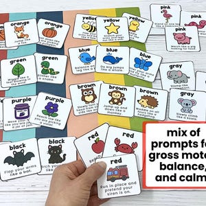 May include: A collection of colorful flashcards with illustrations and text prompts for gross motor skills, balance, and calm activities. The cards feature various colors, animals, and actions, such as "hop like a frog" and "flap your arms like a bat."