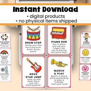Op de afbeelding: Een verzameling kleurrijke, afdrukbare kaarten met instructies voor verschillende activiteiten, waaronder "Drum Stop", "Piano Run" en "Rock Star Jump". De kaarten zijn ontworpen voor direct downloaden en bevatten illustraties en tekst.