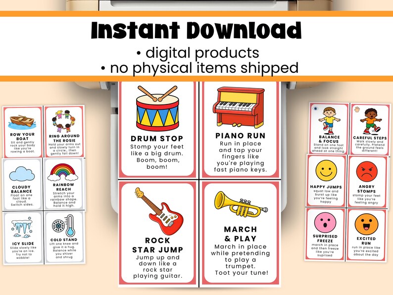 Op de afbeelding: Een verzameling kleurrijke, afdrukbare kaarten met instructies voor verschillende activiteiten, waaronder "Drum Stop", "Piano Run" en "Rock Star Jump". De kaarten zijn ontworpen voor direct downloaden en bevatten illustraties en tekst.