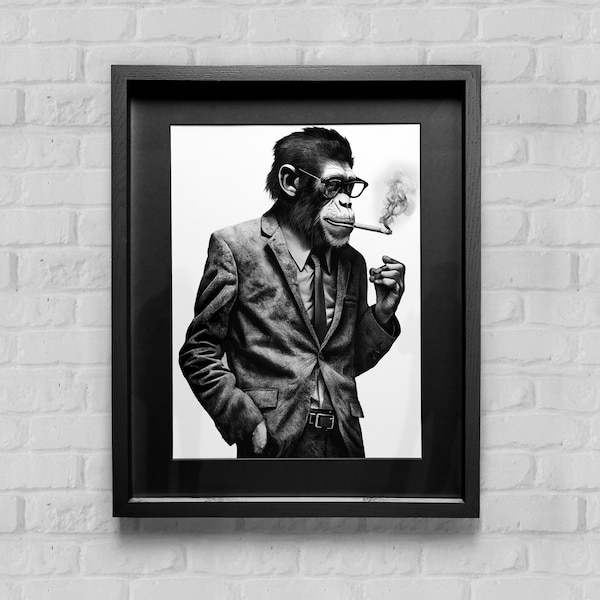 Smoking Monkey Ai Art Print, Fancy Monkey In A Suit, Ai Wall Art Print, Printable, Instant Download, Digital Print, AI Art Design