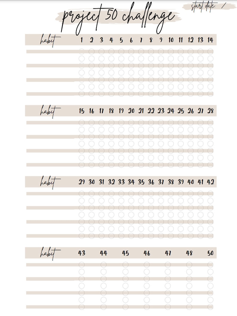 Project 50 Challenge Daily Checklist Tracker - Simple and Personal - Etsy